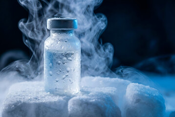 Fototapeta premium Cold Chain Logistics: Frozen Vaccine Vial with Liquid Nitrogen Vapor