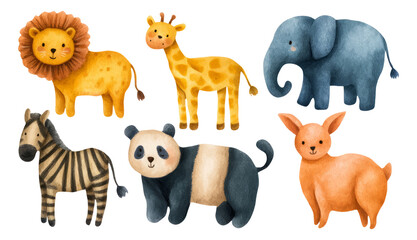 Obraz premium Cute Cartoon Animals Collection with Lion, Giraffe, Elephant, Zebra, Panda, and Bunny
