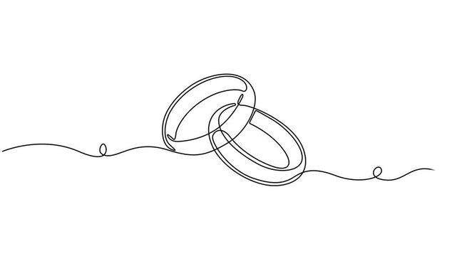 Animated self drawing of continuous line draw Wedding rings. Wedding day. Full length one line animation. 4K, Engagement, marriage. Romantic template for invitations and cards in simple linear style.