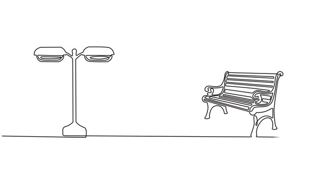 Animated self drawing of continuous line draw vintage garden lamp. Full length one line animation. 4K, Continuous one line drawing garden light, park light, or road light vector illustration, video.