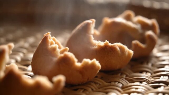 Close-up shot of small, golden-brown pastry shells arranged on a textured surface, ready to be filled