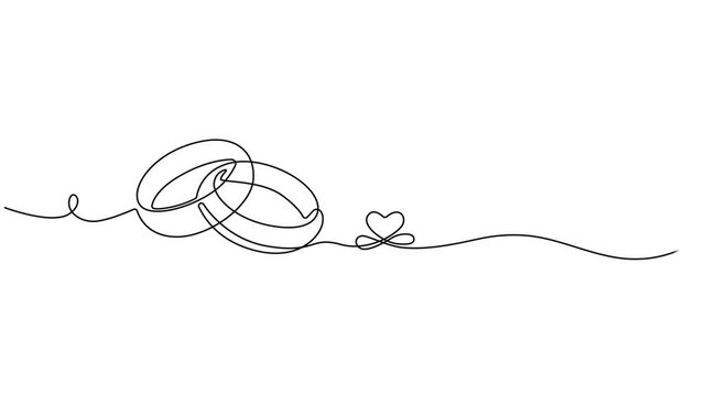 Animated self drawing of continuous line draw Wedding rings. Wedding day. Full length one line animation. 4K, Engagement, marriage. Romantic template for invitations and cards in simple linear style.