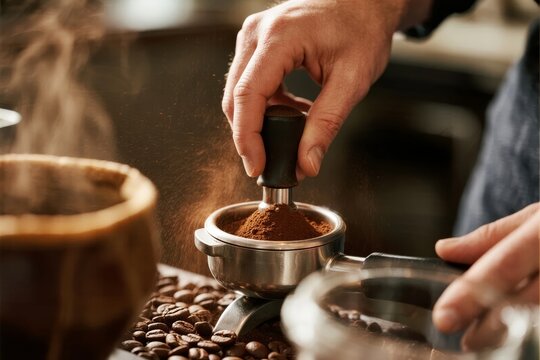 Barista tamping ground coffee in portafilter with fresh beans and steam in background