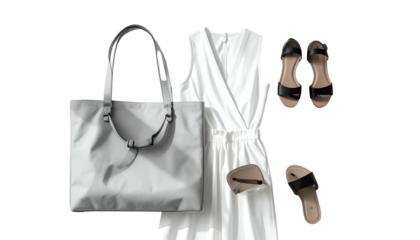 White dress, grey tote, and black sandals lay on a neutral backdrop