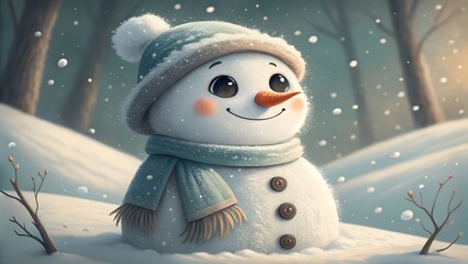 Cute snowman in soft-cuteness style with cheerful expression in snowy landscape