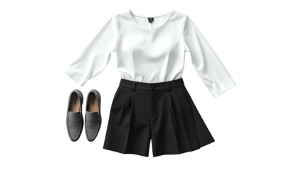 Coordinated outfit white blouse, black shorts, gray loafers
