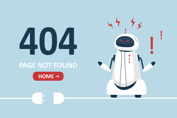 Website page not found. Wrong URL address error 404. Broken robot character, sockets off. Site crash on technical work. Web design template with chatbot mascot