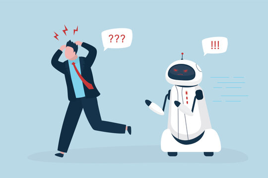 Robot broken without control and want catching user. Shocked and frightened male consumer run away. Household robot making mistakes and malfunctioning.