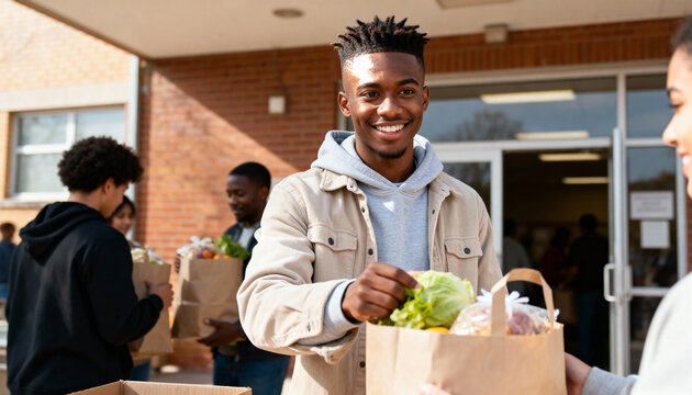 A smiling young Black man volunteers at a community food drive, giving a bag of fresh groceries to a person in need. Charity and social support concept