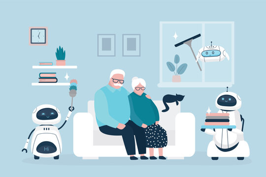 Robot assistants work at home. Automated helpers cleaning room, ironing, carrying laundry. Smart ai machines or appliance for old people. Happy elderly couple sitting on sofa.