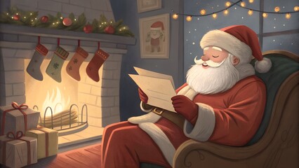 Santa Claus reading children's letters by the fireplace in cozy living room