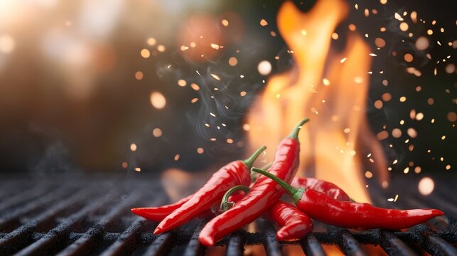 Flaming hot chili peppers on a grill, close-up with fire blazing in the background, - Powered by Adobe