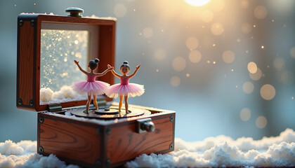 Two ballerina figurines dancing in a music box with snow backdrop  