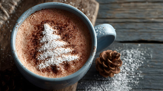 Mug with cocoa with Christmas tree made of powdered sugar on a wooden holiday background. Top view. Holidays food art. Happy New Year. For poster, banner, greeting card, invitation, web. Copy space