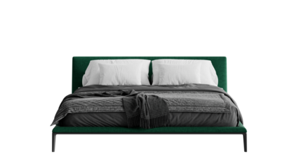 Front view of a bed with a comforter and pillows on a transparent background.