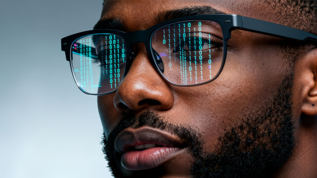 Man is looking thoughtfully through glasses displaying reflection of binary code. Modern tech ambiance with abstract background highlights innovation