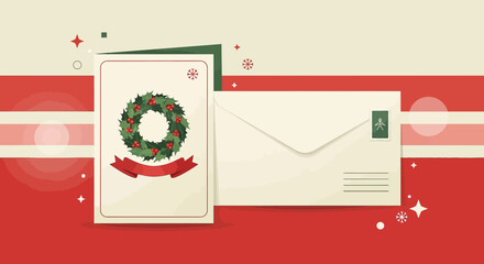 Festive holiday card and envelope design with minimalist charm and cheerful color palette creating