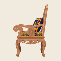 Artistic illustration of a carved wooden chair adorned with a woven cushion