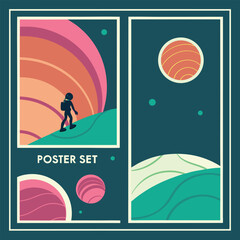 Retro space poster set with astronaut planets and abstract landscapes in muted colors vector illustration