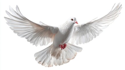 Fototapeta premium A graceful white dove soars through the air with its wings fully spread representing symbols of peace and hope. The background is simple and white enhancing the dove's beauty.