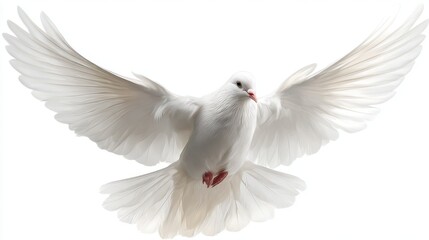 Obraz premium A white dove soars through the air with its wings fully extended. The bright background enhances its beauty symbolizing peace and serenity in nature.