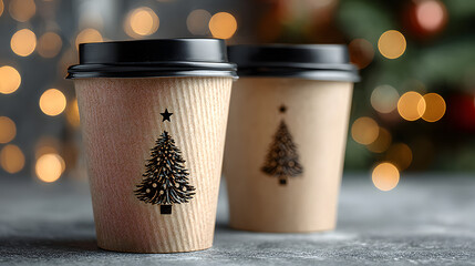 Two cardboard cups with takeaway coffee decorated with Christmas tree with star on a holiday blurred background, bokeh effect. Horizontal banner. Copy space. For poster, greeting card, invitation, web