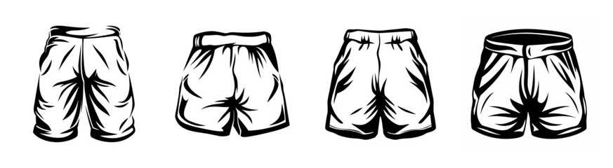 Collection of four hand-drawn sketch style images of shorts suitable for various apparel and design applications