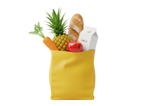 Vibrant 3d illustration of a yellow paper grocery bag filled with fresh food items (pineapple, apple, carrot, sourdough bread, milk carton) isolated on a transparent background. Concept for digital
