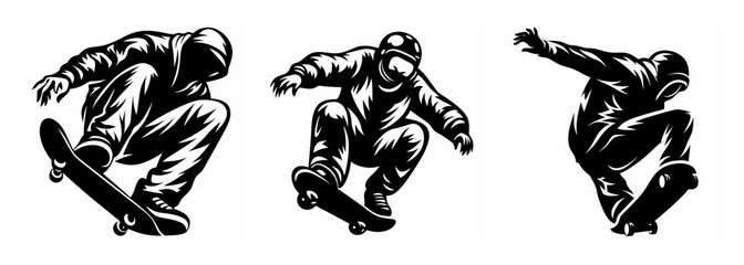 Dynamic skateboarder performing aerial tricks in triplicate high-energy freestyle action shot