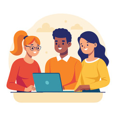 Three young people collaborating on a laptop with a friendly atmosphere group collaboration