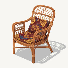 Vintage Rattan Armchair with Ornate Cushion for Elegant Interior Decor