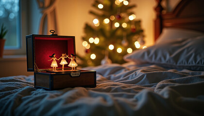 Vintage music box with dancing figures on bed near Christmas tree  