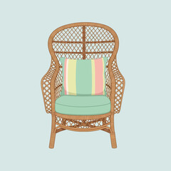 Vintage wicker chair with striped cushion, a classic, serene style and comfortable seat