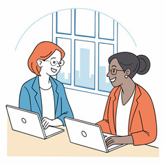 Two Women Working On Laptops With Communication Symbol Keywords: women, collaboration, office, meeting, discussion, laptop, computer, desk