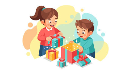 Obraz premium Festive joy children exchanging gifts vector illustration celebration presents excitement