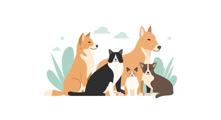 Adorable cartoon pet family featuring cute dogs and a friendly cat, perfect for branding, children's content, pet product advertising, and family-friendly designs