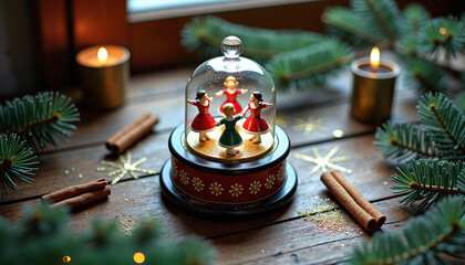 Christmas snow globe with dancing figures on wooden table  