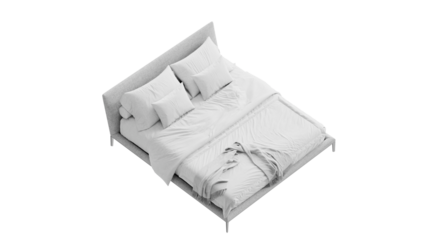 Modern double bed with bedding on a transparent background.