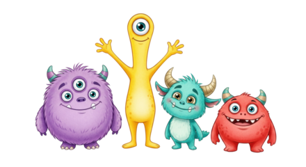Four distinct, furry, cheerful cartoon monsters (purple, yellow, teal, red) posing on a transparent background, rendered in vibrant children's watercolor illustration style, concept of imaginative