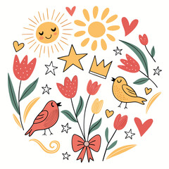 Whimsical Circle of Cute Birds Sun Flowers and Hearts Keywords: birds, sun, flowers, hearts, stars, crown, bow, nature, cute, illustration