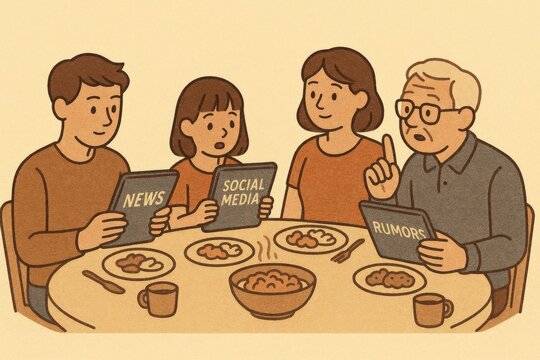 Family Engaging in Thoughtful Debate Around Table Analyzing News Social Media and Rumors Reflecting Modern Communication Dynamics and Relationship Dynamics