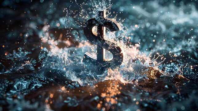 Giant metallic dollar sign surrounded by rushing water symbolizing economic turbulence