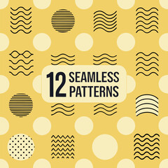 Yellow Background with Seamless Patterns of Waves Circles and Dots abstract black