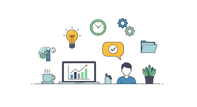 Modern vector illustration showing business progress, workflow efficiency, and a bright idea, ideal for corporate presentations and marketing materials