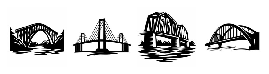Obraz premium Collection of four black and white architectural bridge designs rendered with ink strokes over water