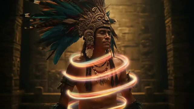 Aztec Warrior with Headdress and Glowing Light Effect, Captivating Culture Video