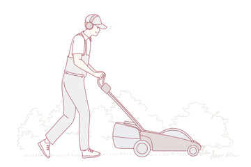 gardener mowing grass with lawnmower across tidy yard outdoor landscaping scene with trimmed hedges, green turf, casual uniform, focused seasonal chore in gentle line illustration