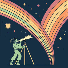 Woman with telescope looking at a starry night sky with a colorful rainbow arch stars