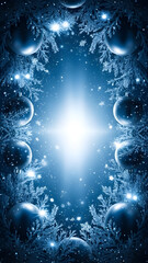 A festive blue holiday frame of frosted pine branches and shiny baubles surrounding a bright, sparkling central light.