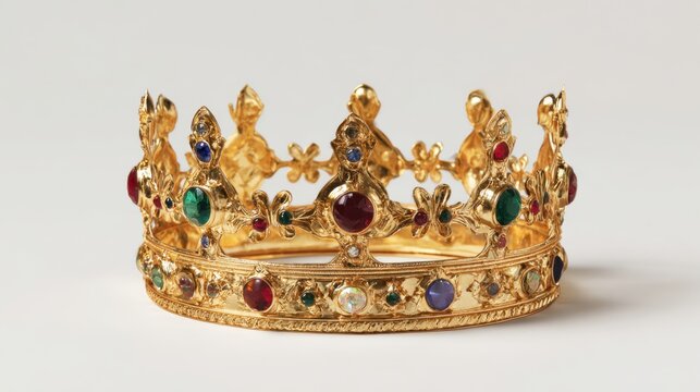 A striking golden crown is showcased featuring an array of vibrant gemstones in various shapes and sizes. The elegant design highlights intricate details and craftsmanship. - Powered by Adobe